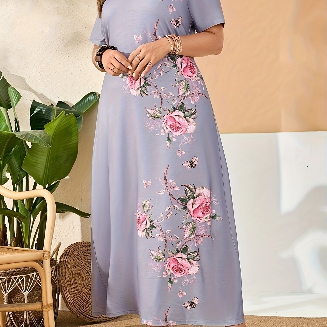 Plus Size Floral Print Slim Dress V-Neck Short Sleeve for Spring Summer Vacation