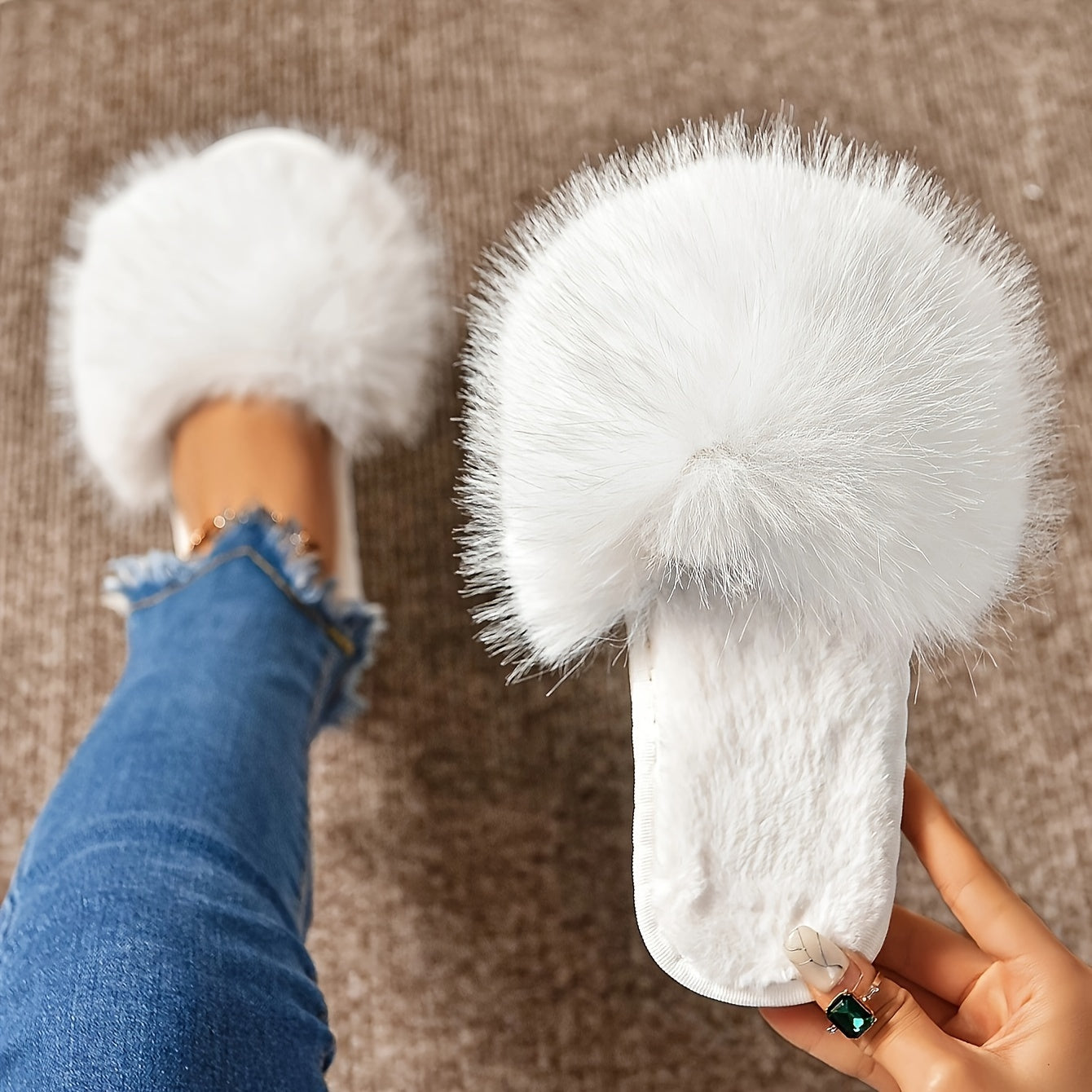 Women's Fluffy Plush Open Toe House Slippers Cozy Warm Solid Color