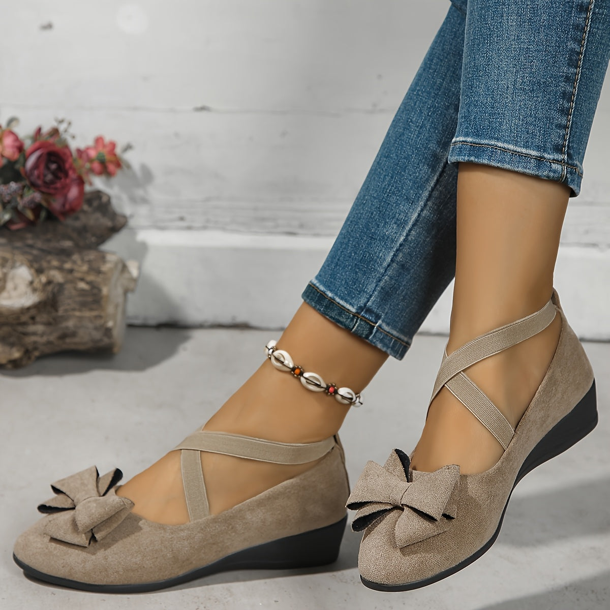 Women's Flat Shoes Cross Strap Bow Slip-On Comfortable All-Season Black