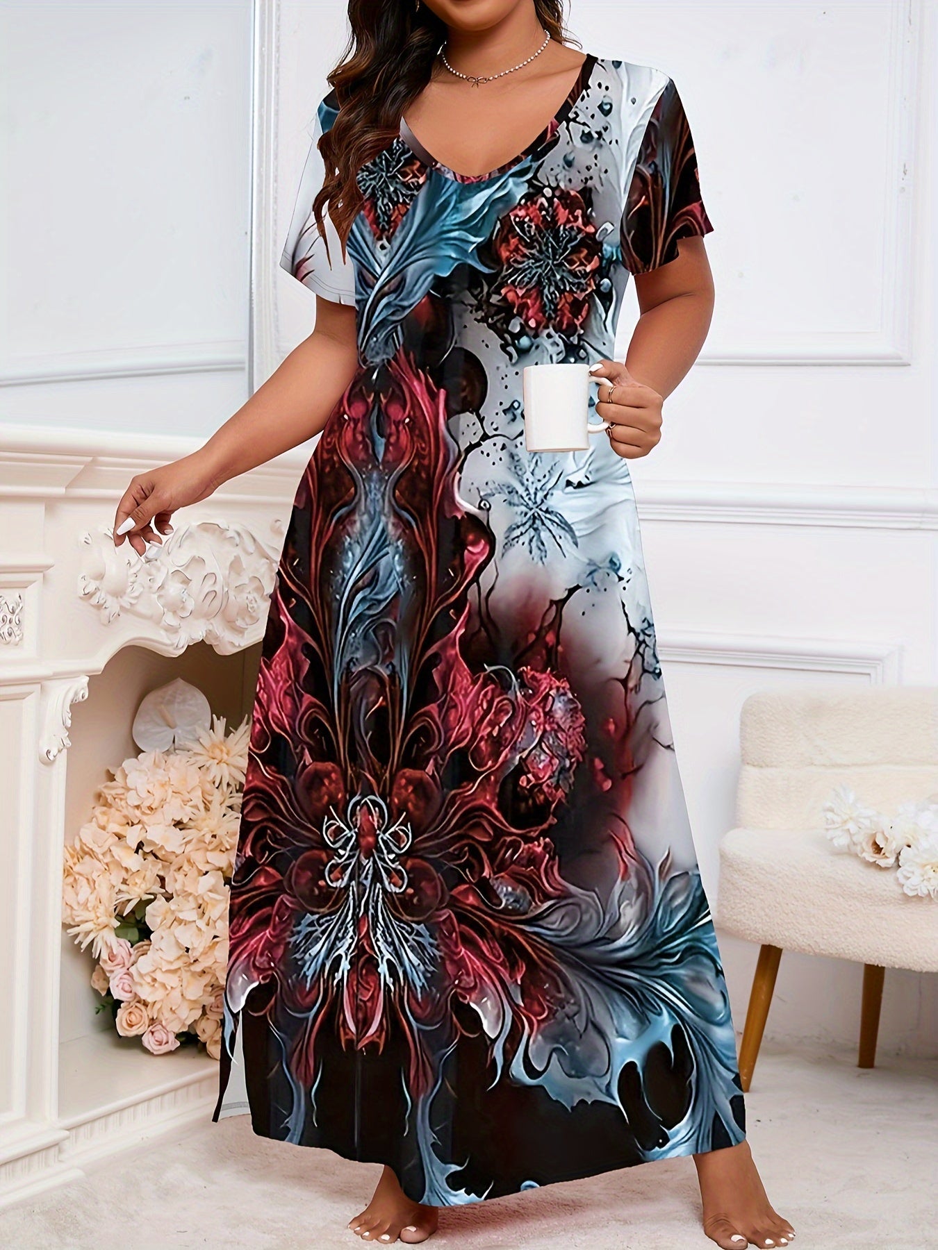 Plus Size Women's Cotton V-Neck Short Sleeve Sleep Dress