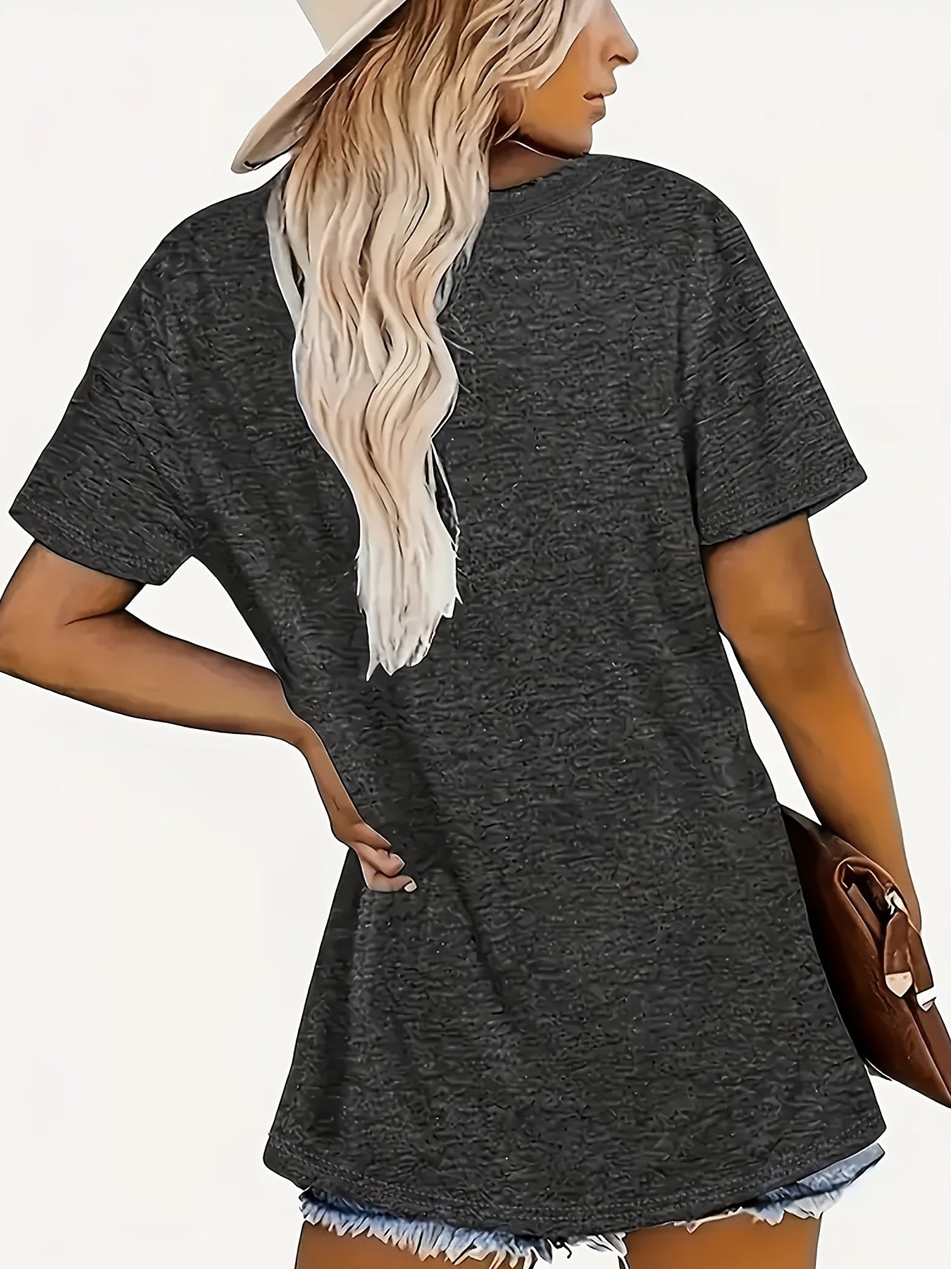 Plus Size Women's Gray Casual Short Sleeve T-Shirt with Letter Print