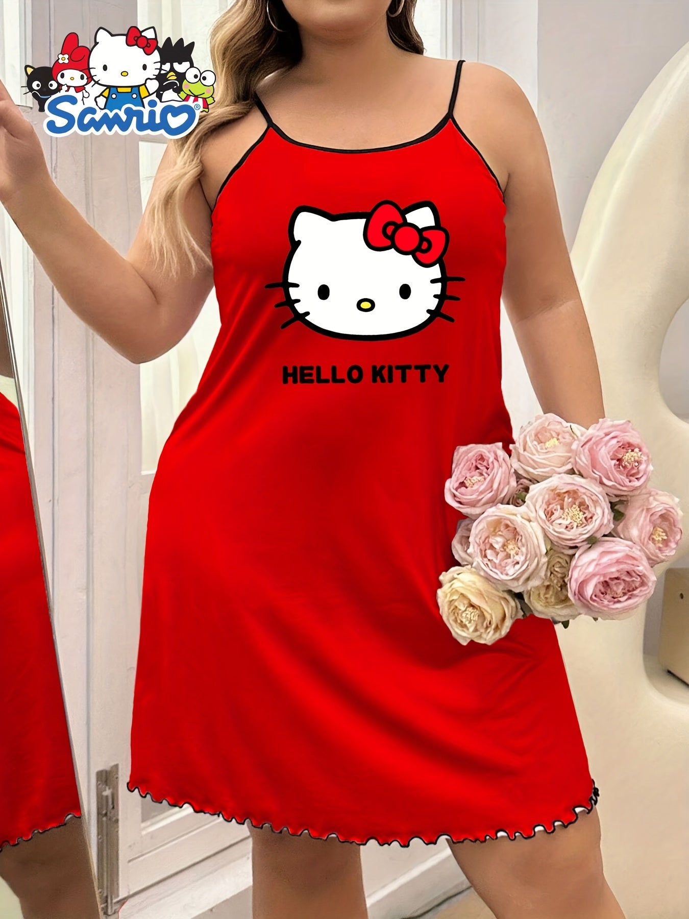 Women's Red Cartoon Print Sleep Dress, Ruffled Hem, Plus Size Nightgown