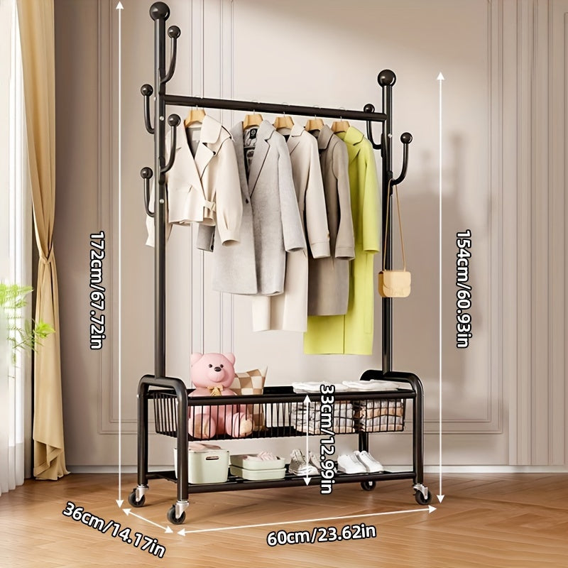 Multifunctional Rolling Coat Rack with 6 Hooks and Shelf Black Metal