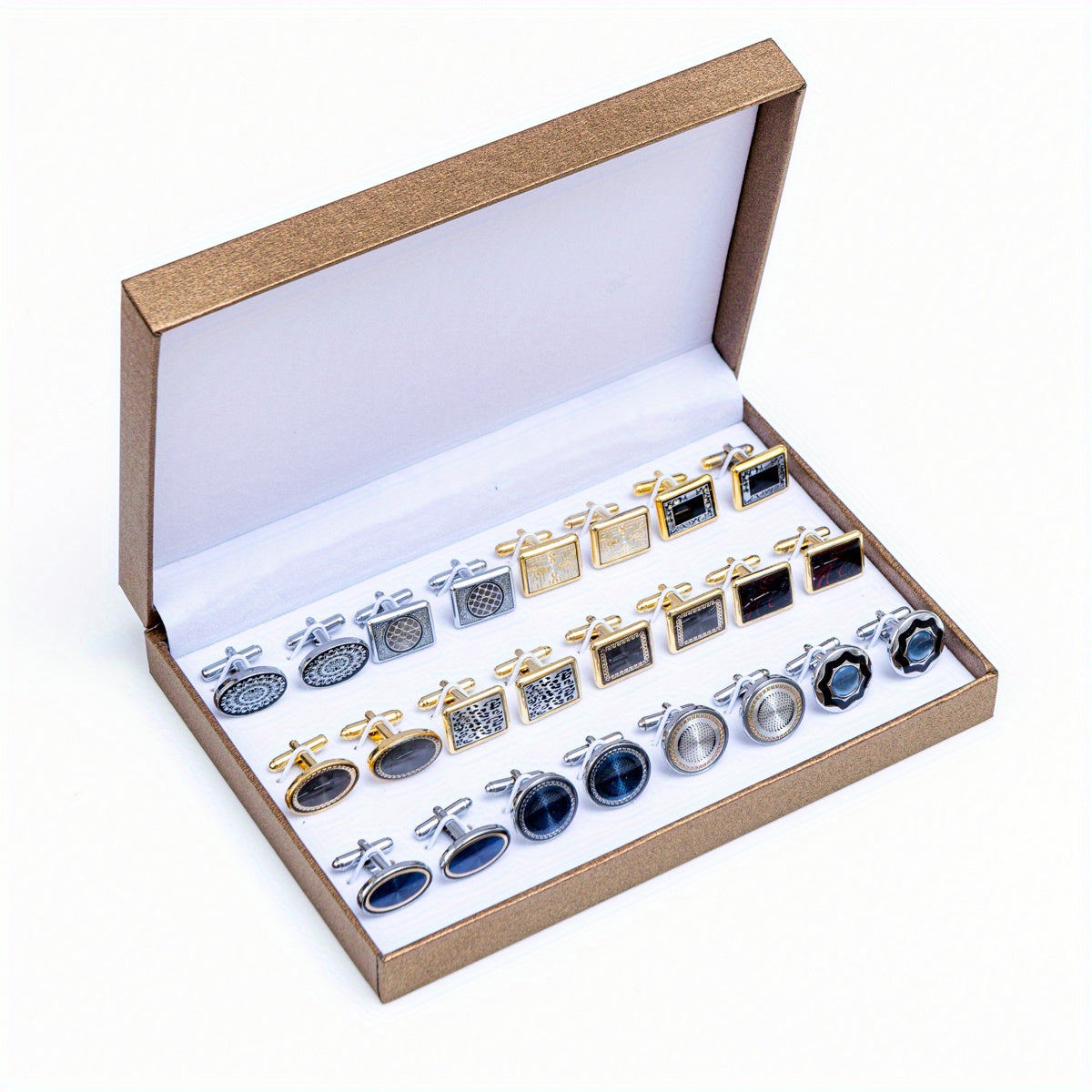 12 Pairs of Elegant Cufflinks for Wedding Suits in Creative Jewelry Gift Box