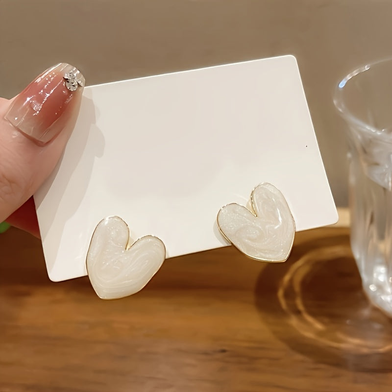 White Enamel Heart-Shaped Stud Earrings with Sterling Silver Post for Daily and Special Occasions