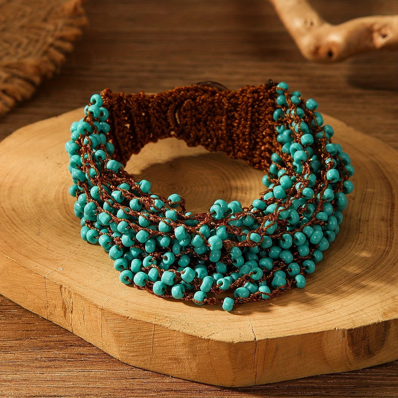 Green Crochet Boho Style Beaded Bracelet for Women Handmade Jewelry Gift
