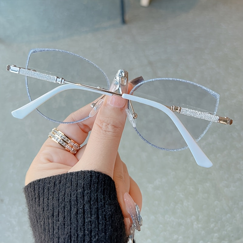 Women Cat Eye Photochromic Rimless Glasses with Blue Light Filter and Sparkling Sequins