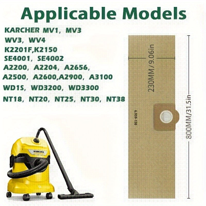 7 ta ikki maqsadli nam va quruq vakuum sumkalari Karcher modellari 6.959-160, MV1, NT18, WD3200, SE4001, A2200 bilan mos keladi - yuqori samarali chang tozalash va mopping uchun ikki qatlamli filtratsiya tizimi mavjud.