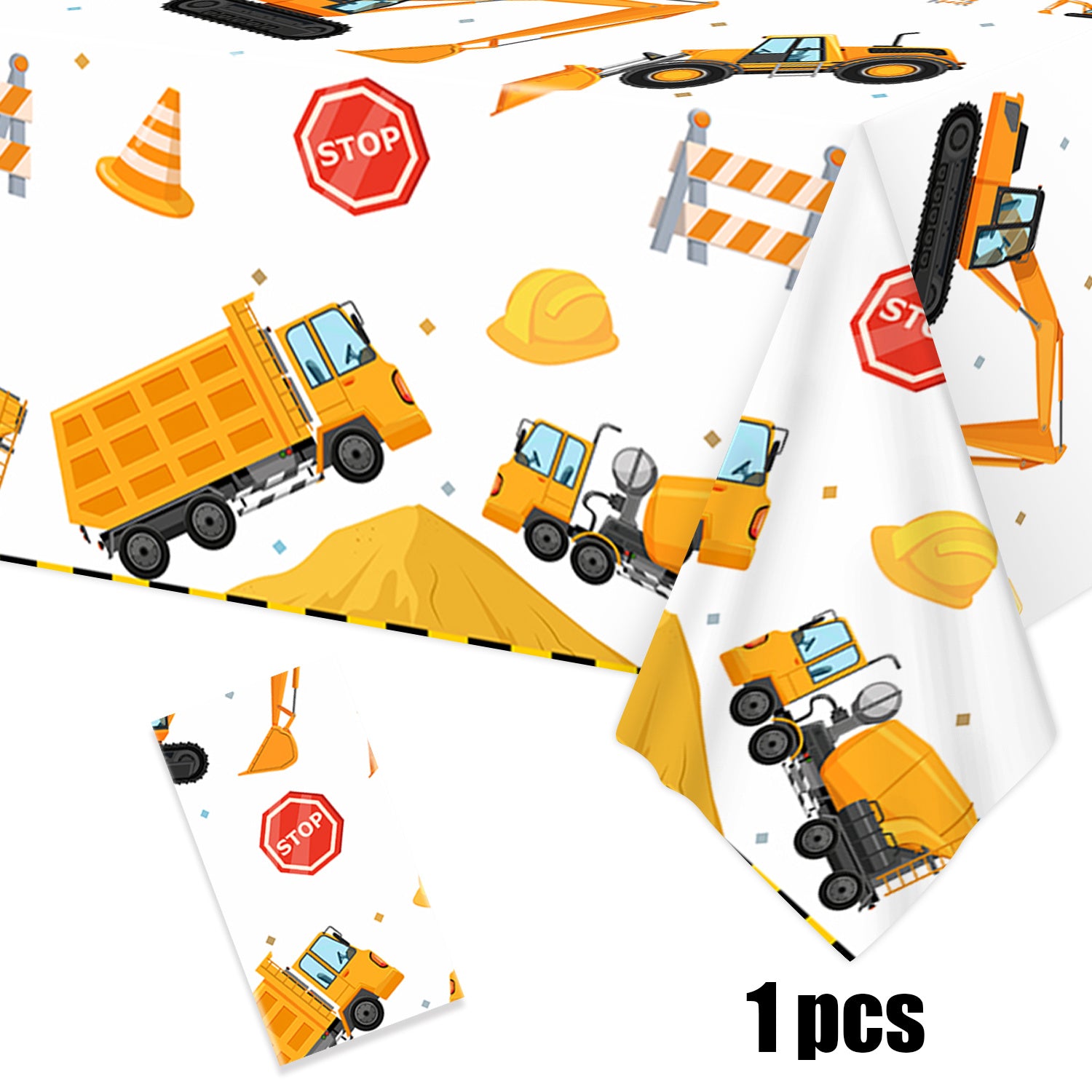 Watercolor Construction Vehicles Tablecloth for Boys Plastic Outdoor Party 108x180 cm