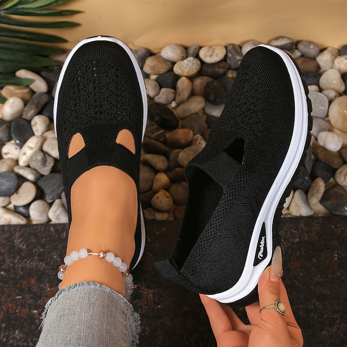Women's Knit Slip-On Sneakers Breathable Mesh Cushioned Sole Black