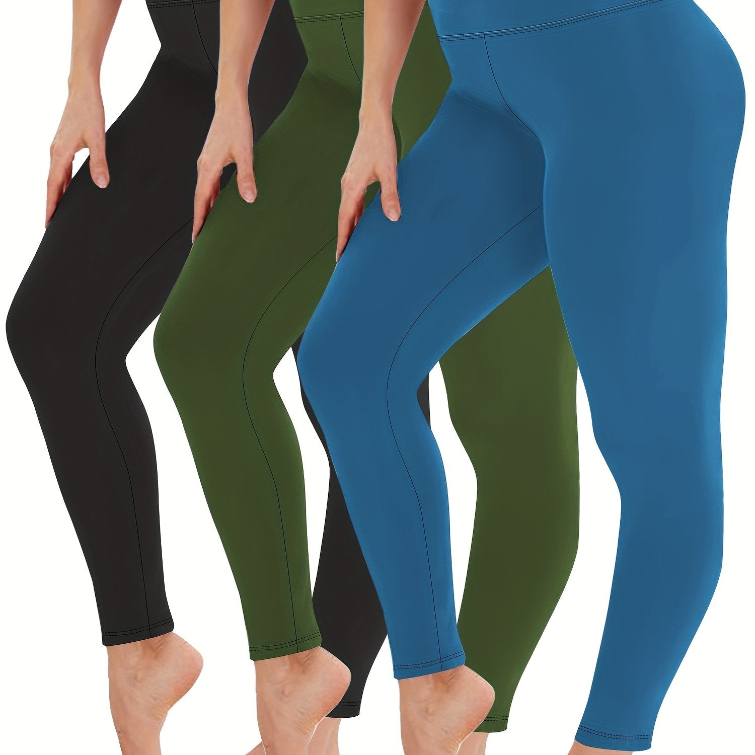 Leggings de yoga de cintura alta y control de abdomen para mujer, pack de 3, negro, azul y teal