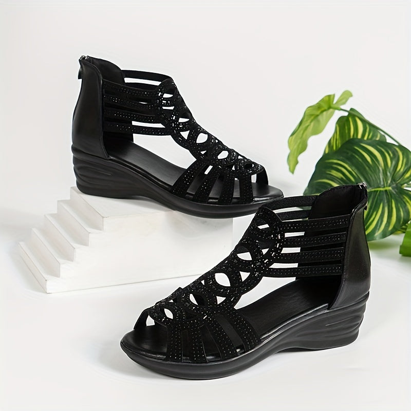 Women's Black Rhinestone Wedge Sandals with Peep Toe Ankle Strap Platform Heel