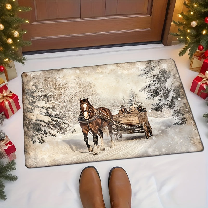 Vintage Qish Sahnasi Doormat Qattiq yopishmaydigan Yuviladigan Polyester Bayram bezaklari