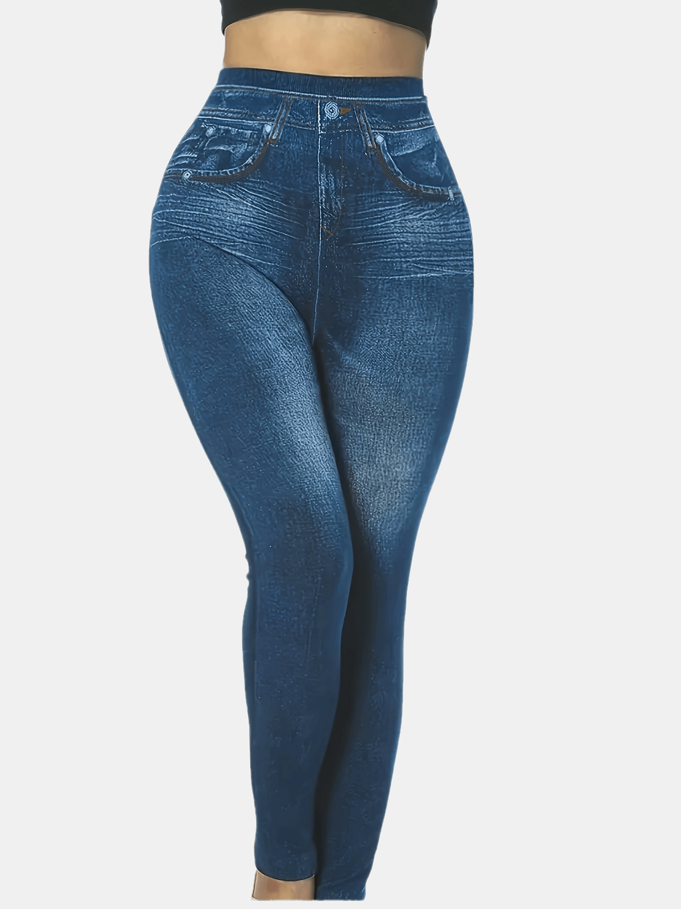 Plus Size Stretch Denim Look Leggings for Women with Faux Pockets and High Elasticity