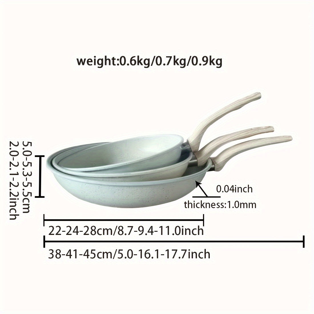 Qora, kulrang va bej rangdagi uchta yopishqoq bo'lmagan quyma temir qozonlar to'plami. Yog'och tutqichlari mavjud va induksiya va gaz pechlari bilan mos keladi. Tozalash oson, va idish yuvish mashinasida yuvish mumkin. Mukammal oshxona pishirish to'plami.