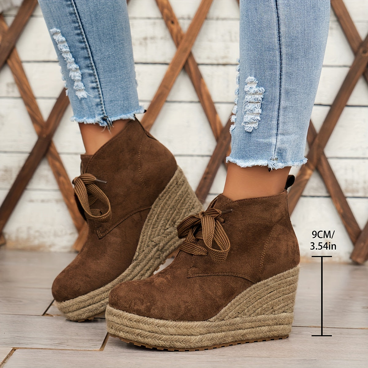 Women's Casual Lace-Up Ankle Boots with Woven Jute Platform Heel
