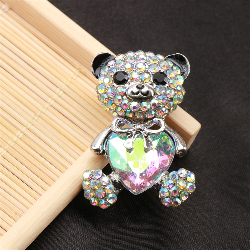 Elegant Alloy Teddy Bear Brooch with Heart-Shaped Sparkling Stone for Women