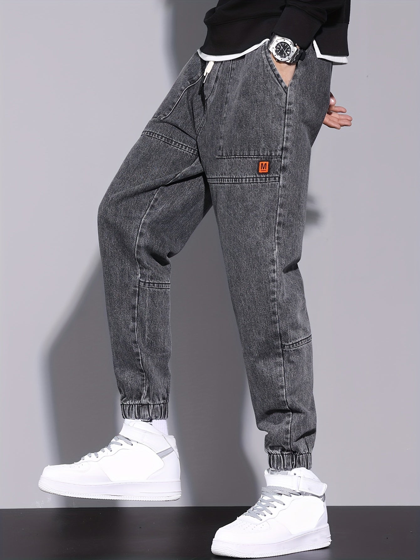 Men's Denim Jogger Pants with Elastic Drawstring Waist Cropped All-Season Street Style