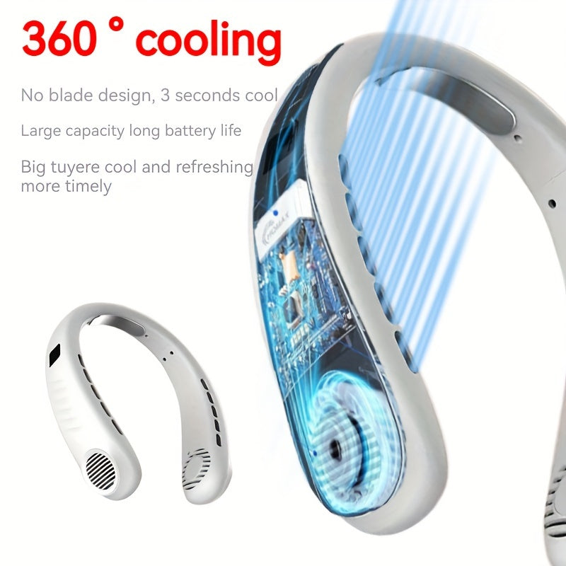 Portable bladeless neck fan with USB charging 5-speed digital display cooler for travel and camping lightweight ergonomic design