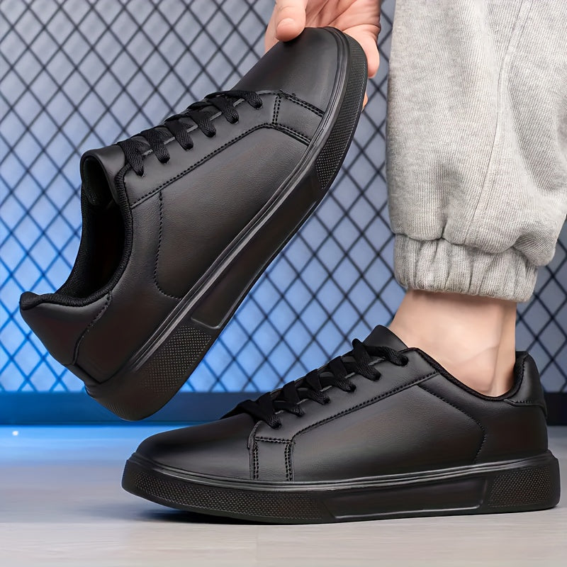 Men's Black Faux Leather Low-Top Sneakers Casual Sports Breathable EVA Sole