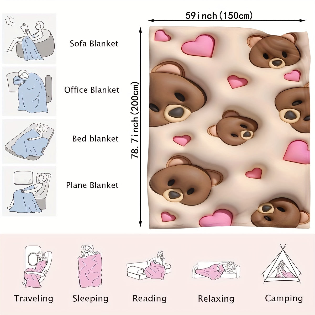 Soft Bear-Patterned Fleece Blanket for Kids and Adults, Cozy and Comfortable