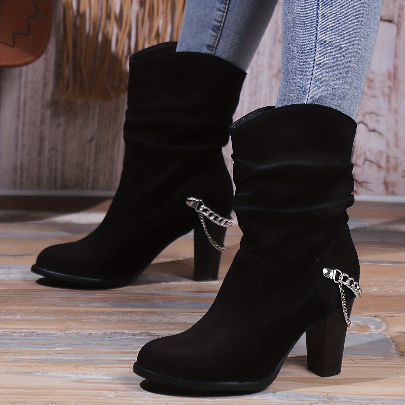 Women's Short Block Heel Boots Slip-On Chain Decor Suedette High Heeled