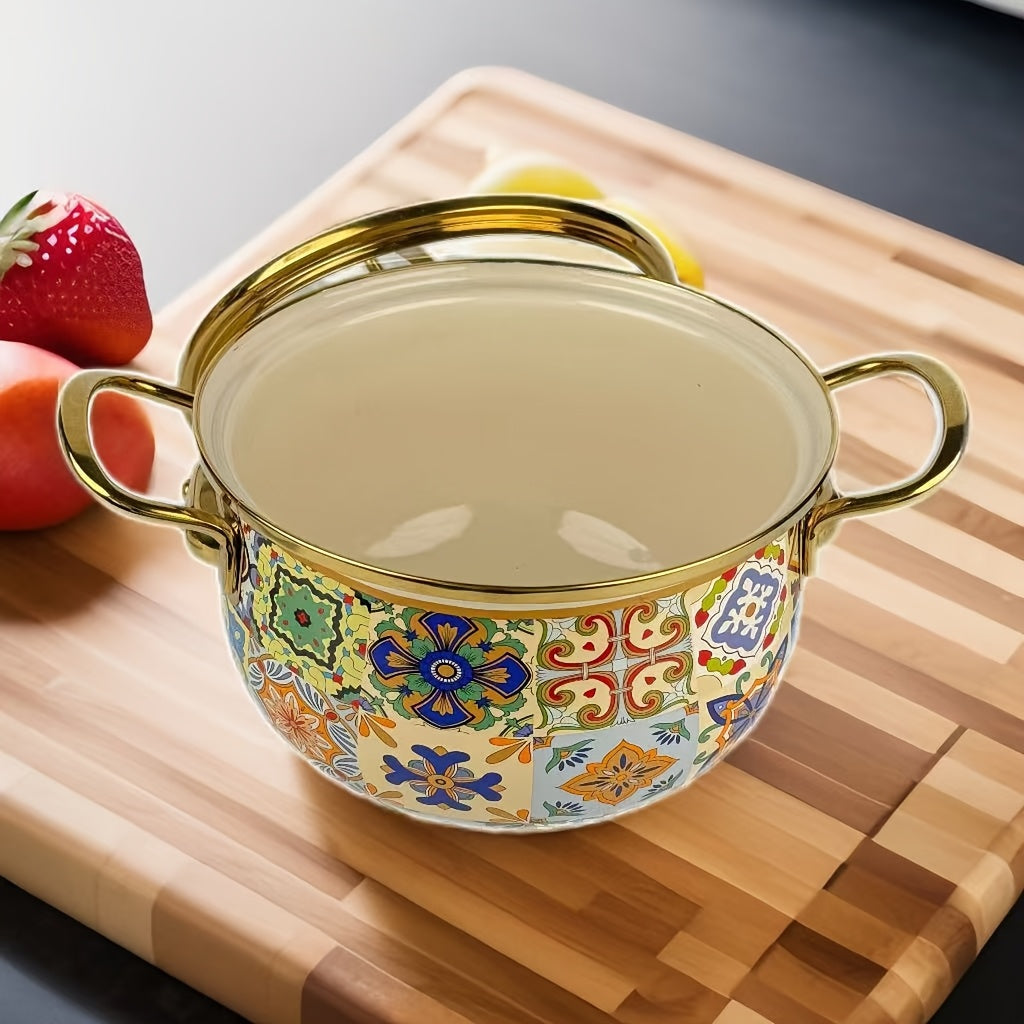 Enamel Coated Saucepan with Glass Lid, Durable Thickened Material, 3-4 Serving