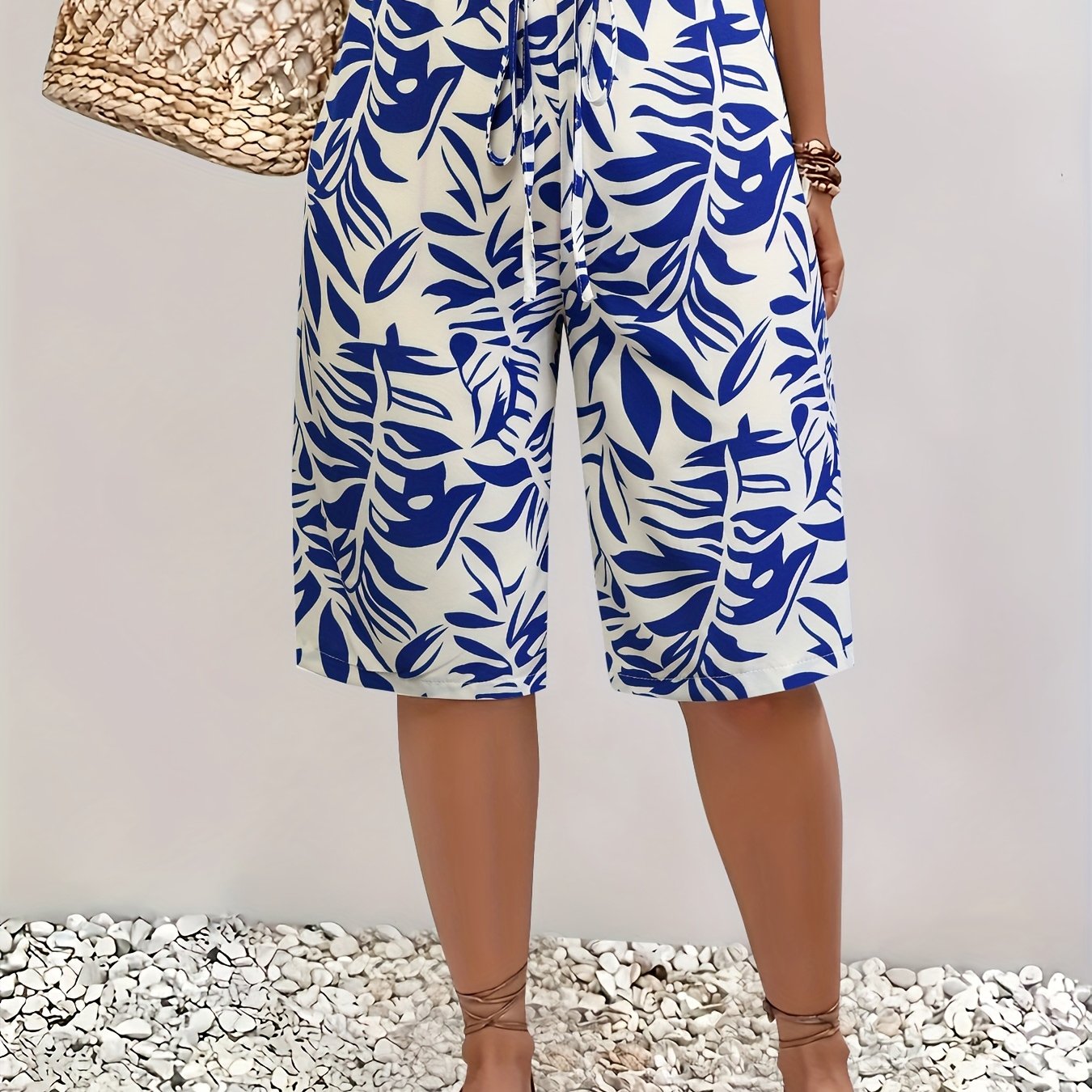 Women's Plus Size Tropical Print Bermuda Shorts Lightweight Polyester Blue White Leaf Pattern Summer Beach Casual
