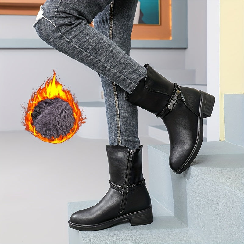 Women's Winter Boots Faux Cover Upper Slip-Resistant Mid-Heel Black