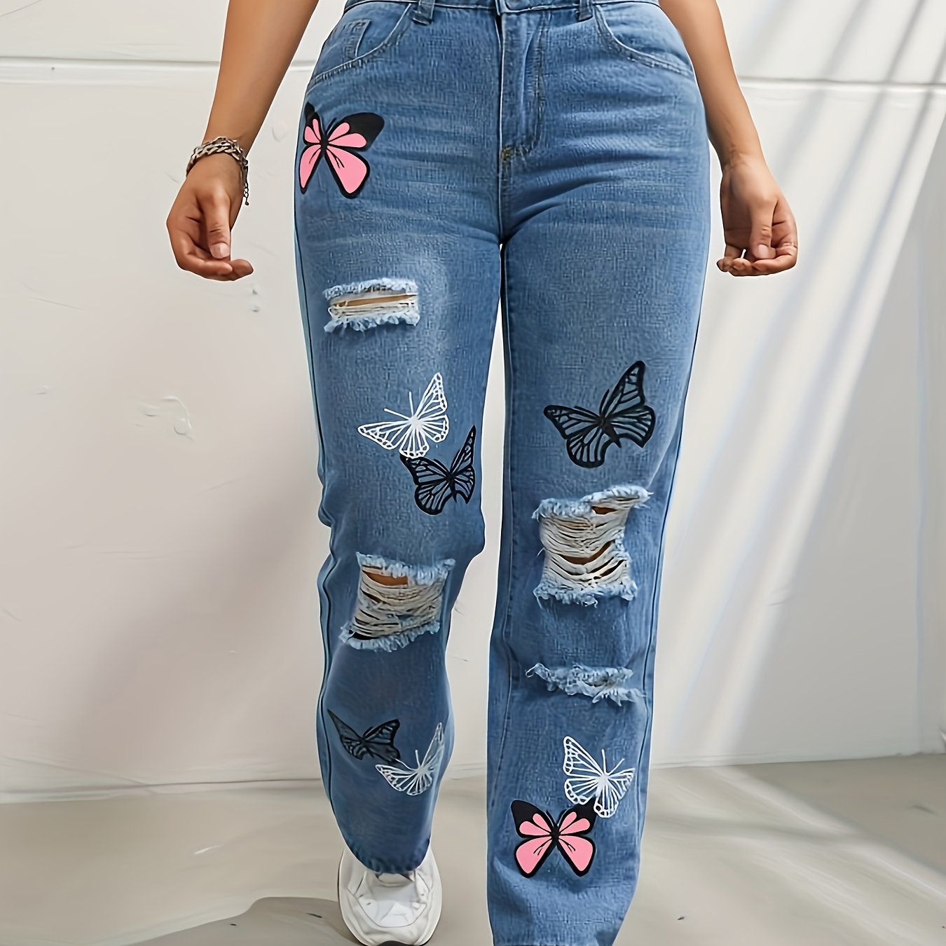 Plus Size Women's Y2K Butterfly Print Ripped High Rise Straight Leg Jeans