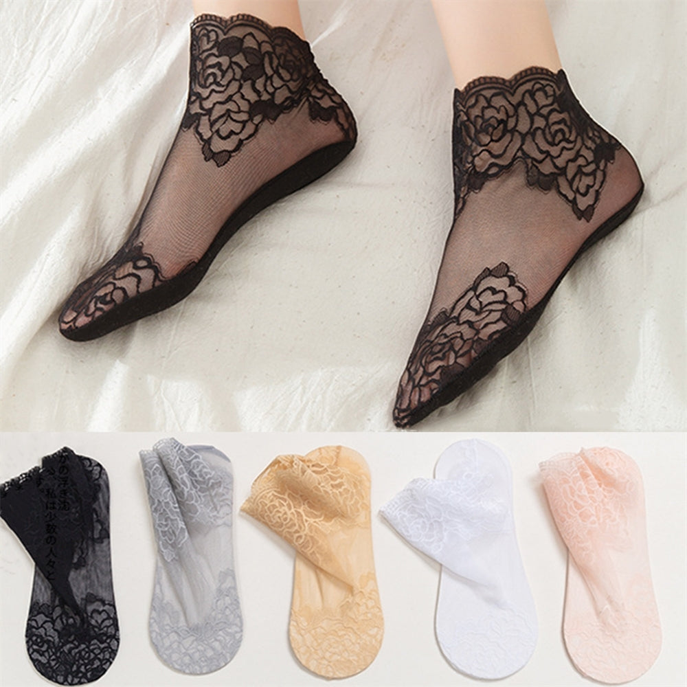 Women's Invisible Socks 5 Pairs Geometric Lace Floral Trim Polyester Spandex