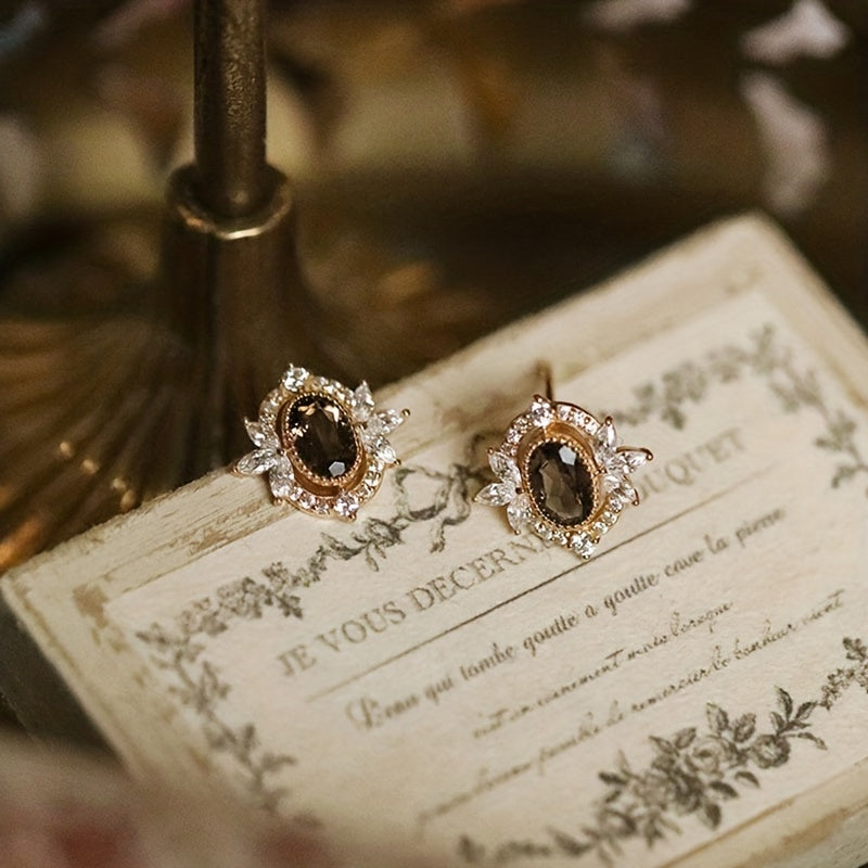 Sterling Silver Stud Earrings for Women with Brown Zirconia Decor