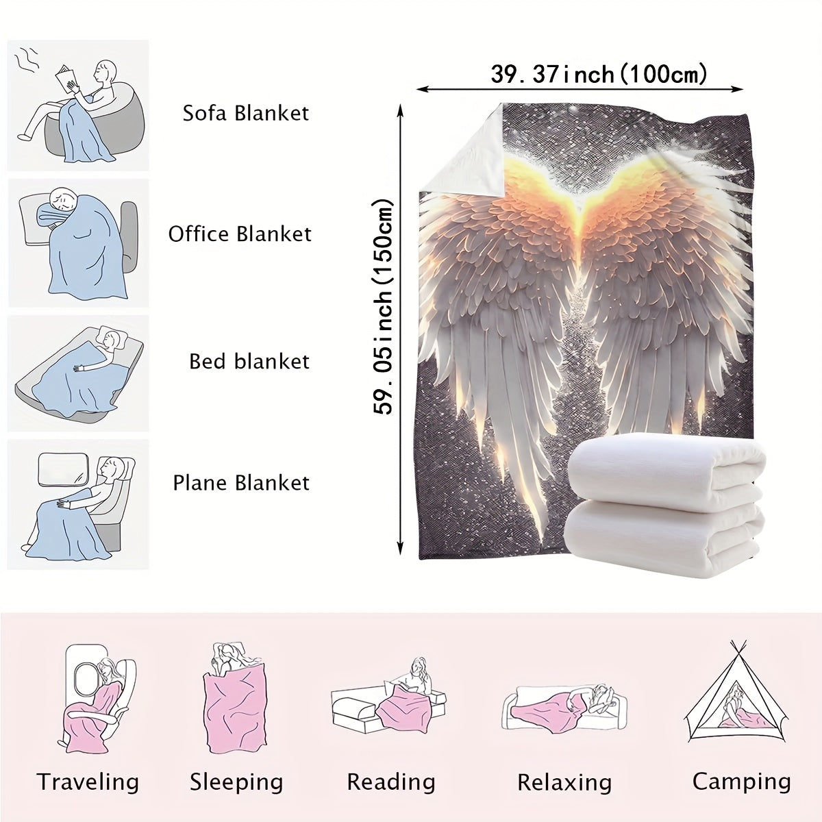 Glowing Wings Print Flannel Blanket Soft Cozy Polyester Throw for Sofa Bed Travel