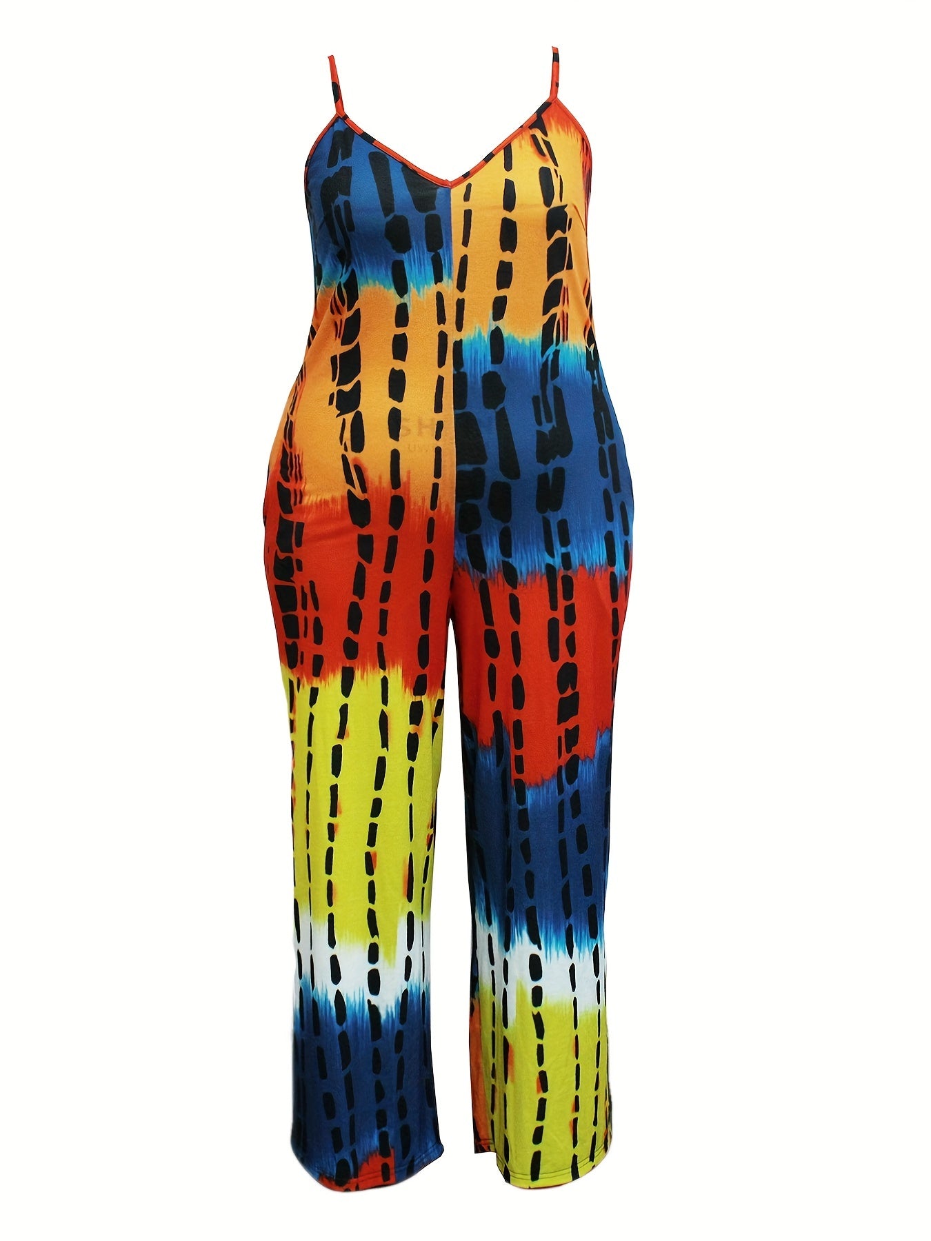 Plus Size Women's Casual V-Neck Tie-Dye Jumpsuit Short Sleeve Summer Outfit