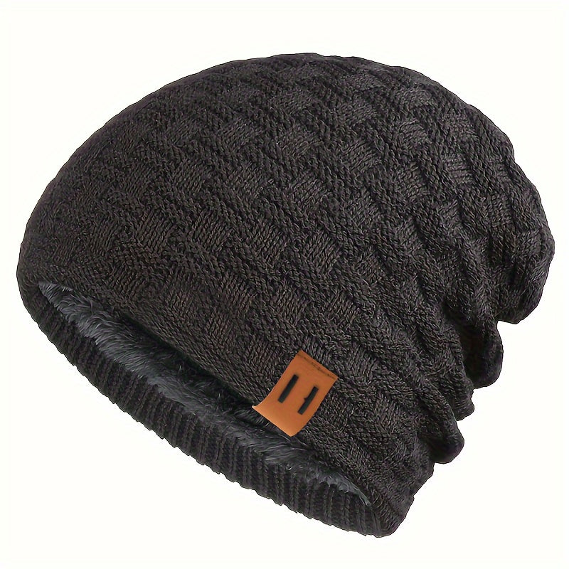 Men's Knit Beanie Winter Hat Faux Leather Patch Warm Windproof for Cycling Hiking