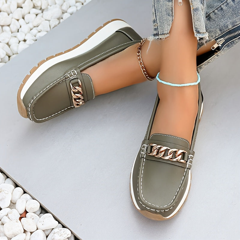 Women's Solid Color Loafers Slip-On Casual Flats with Metal Buckle