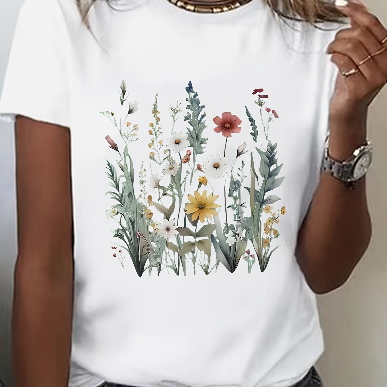 Women's Plus Size Floral Print T-Shirt White Short Sleeve Casual Top