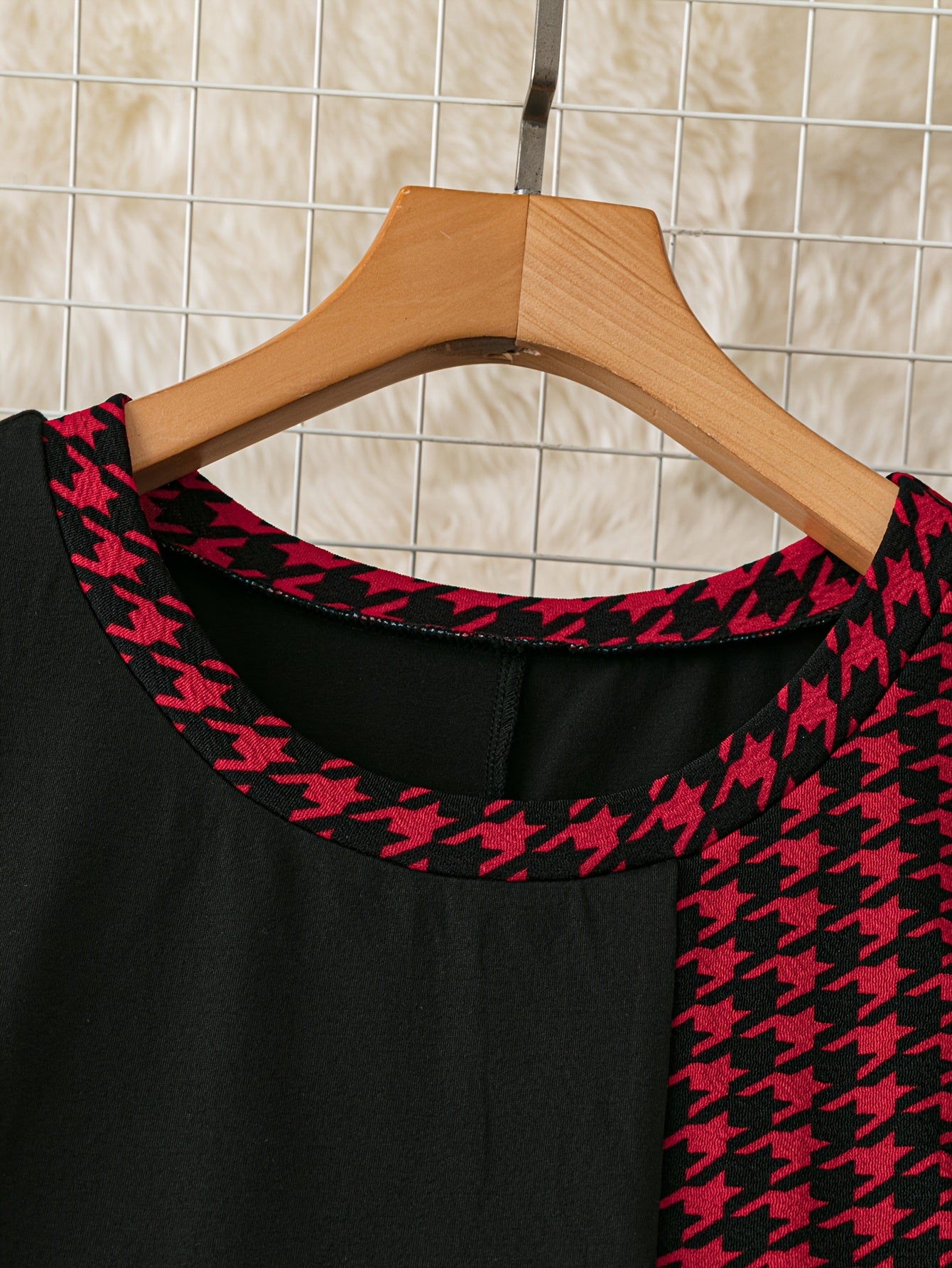 Women's Houndstooth Long Dress Black Red Asymmetrical Hem Round Neck Polyester Blend Spring Summer