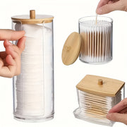 Transparent Storage Jars with Bamboo Lids and Wooden Dispenser for Bathroom and Home Office Organization