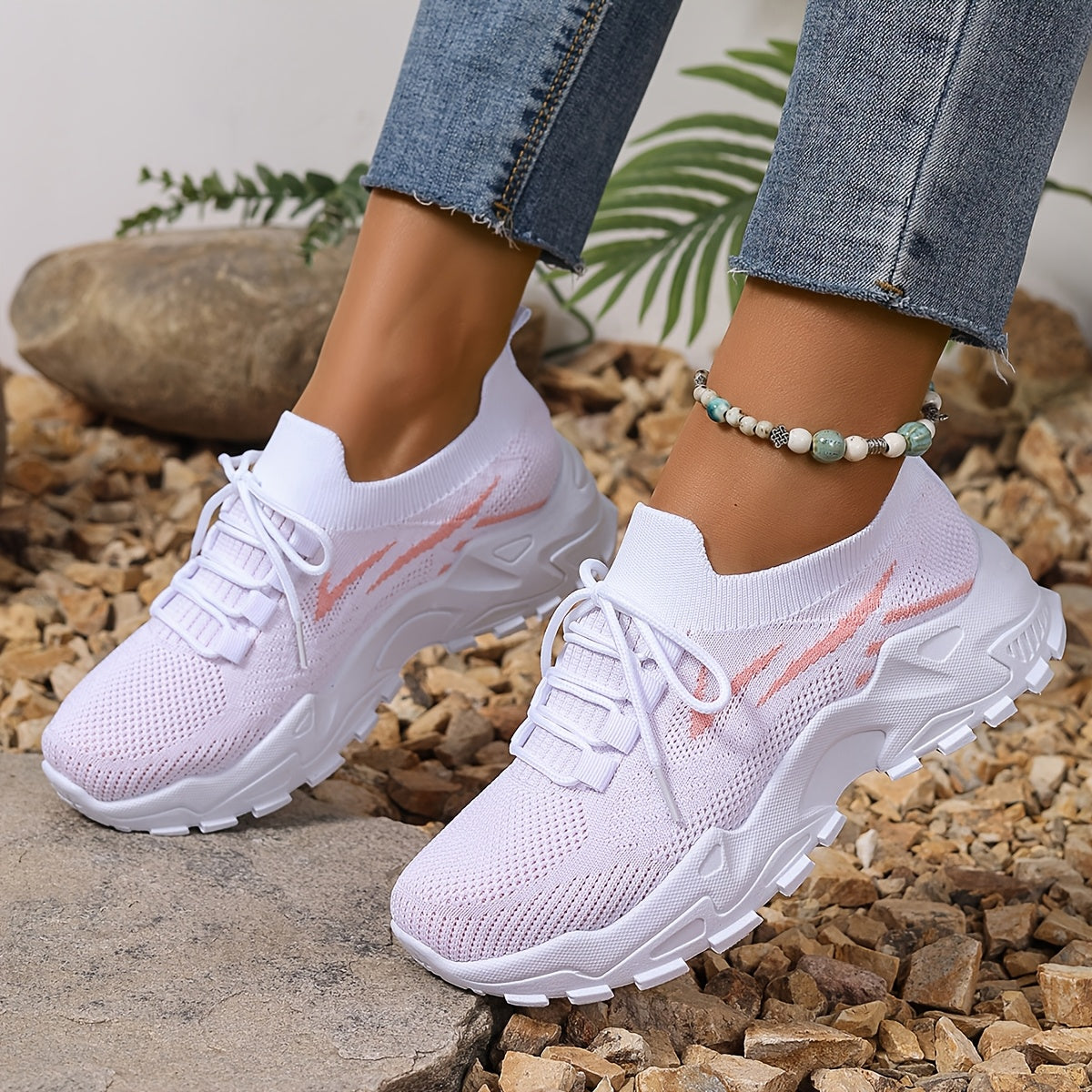 Women's Mesh Sneakers Breathable Lace-Up Running Shoes Lightweight Casual Blue White