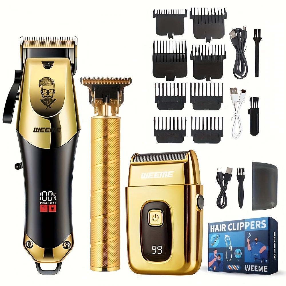 Golden Hair Clipper Set for Men with LCD Display Rechargeable Grooming Kit Home Haircutting Tool