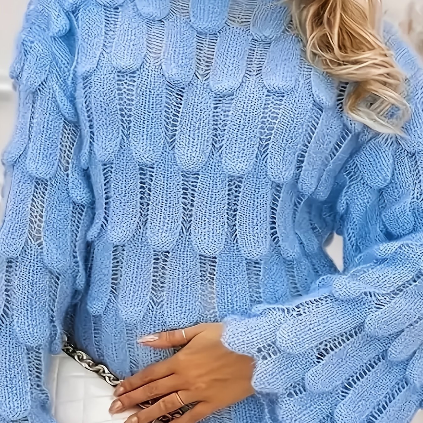 Plus Size Women's Cable Sweater Light Blue Long Sleeve Crew Neck