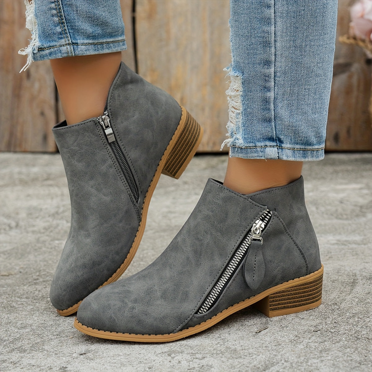 Women's Solid Color Ankle Boots With Thick Sole Wedge Back Zipper