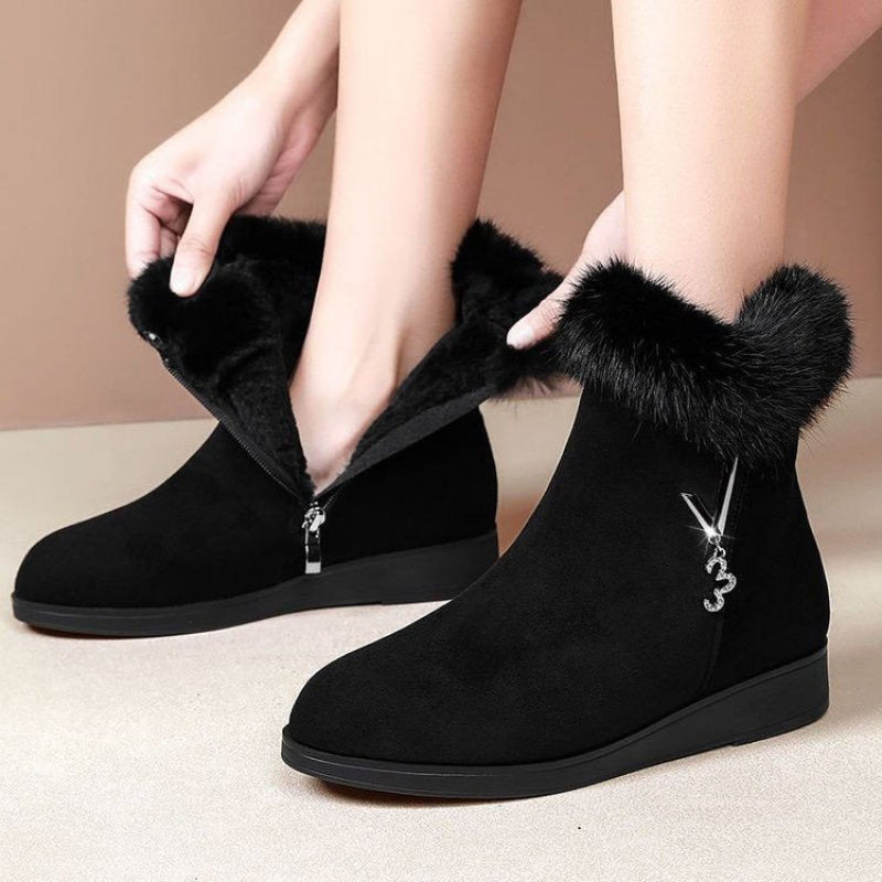 Women's Fleece-Lined Winter Ankle Boots with Side Zipper Black