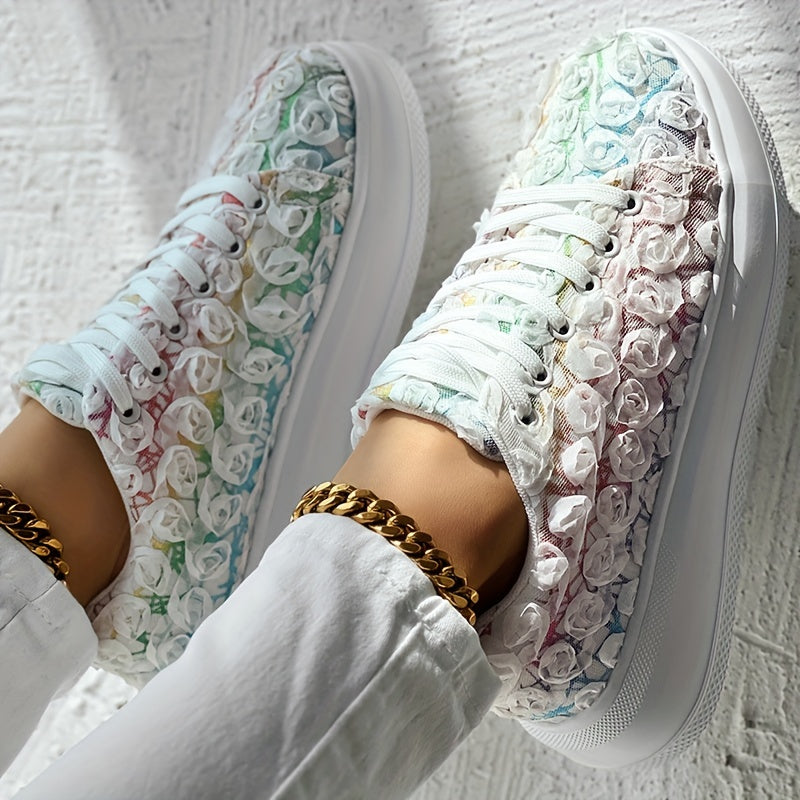 Zapatillas florales 3D para mujer con cordones, plataforma, zapatos casuales para boda