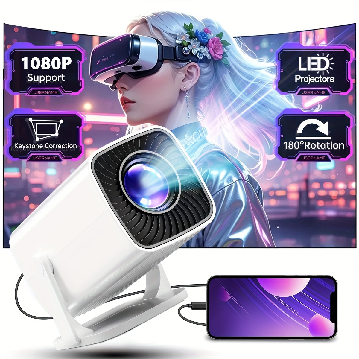 Uy kinoteatri uchun portativ qora smart HD proyektor 1080P USB-ni qo'llab-quvvatlaydi