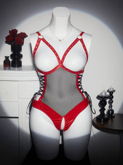 Plus-Size Women's Red and Black Mesh Bodysuit Semi-Sheer Lingerie