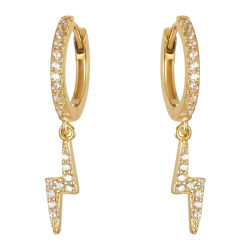 Sterling Silver Punk Earrings with Lightning Bolt Zirconia Pendants for Daily Wear