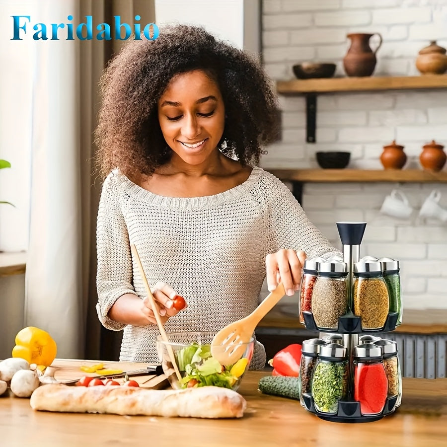 7-Piece Stainless Steel Glass Spice Shaker Set with Salt Pepper Sugar Rotating Base