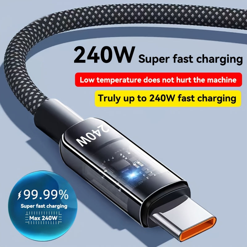Кабель для передачи данных USB Type-C с быстрой зарядкой 240 Вт и светящимся прозрачным дизайном
